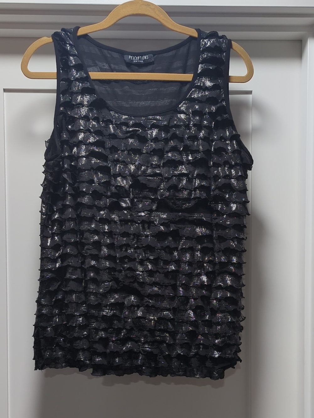Perceptions Black Ruffled Sequin Tank Top